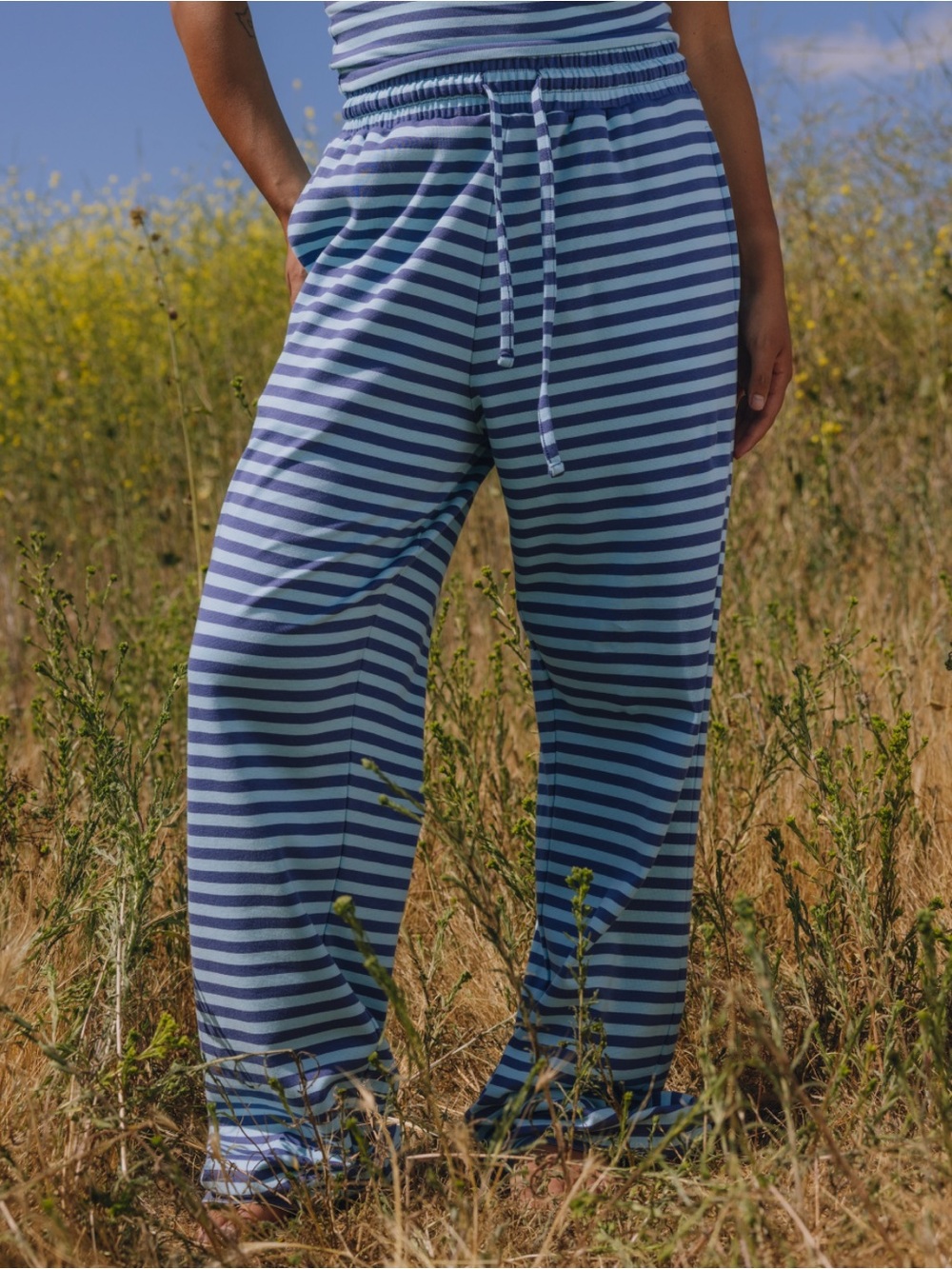 Daily Drills Striped Cotton Pants - Malibu + Navy Stripe Size M/L NWOT
